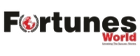 Logo with text Fortunes World in black and red, featuring a red themed globe within the letter o.